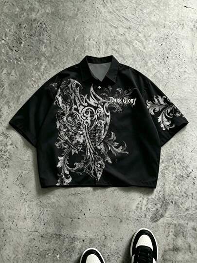  Áo sơ mi nam tay ngắn dệt kim dáng rộng thoải mái mùa hè FRACTYR với họa tiết in kỹ thuật số phong cách Gothic, thời trang và đa năng cho trang phục đường phố.