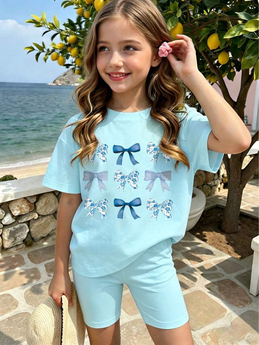 Tween Girl Bow Print Short Sleeve T-Shirt And Shorts Casual Set - Blue - View 1