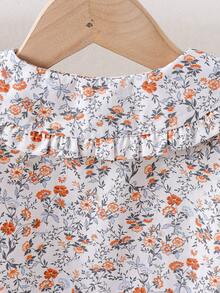 Young Girls Ruffled Collar Long Sleeve Casual Ditsy Floral Shirt, Summer - White - View 6