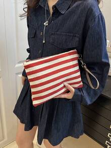 Casual Striped Zipper Clutch Bag - Burgundy - View 3