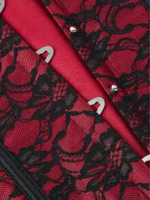 Court Retro Bohemian Red & Black Lace Waist Cincher Corset, Front Buckle Back Lace-Up Shaping Top, Sexy Hot Girl Outfit For Halloween Party - Burgundy - View 6