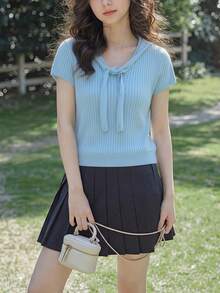 Women's Casual Loose Tie-Front Solid Color Short Sleeve Knit Top, Summer - Baby Blue - View 3