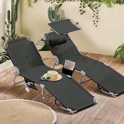  SoBuy 2-Piece Set Of Foldable Sun Loungers, Garden Loungers With Sunshade, Headrest & Side Pocket, Beach Lounger For Balcony, Black, 155x56x81cm, For Garden Furniture, Patio, Camping, OGS48-SCHx2