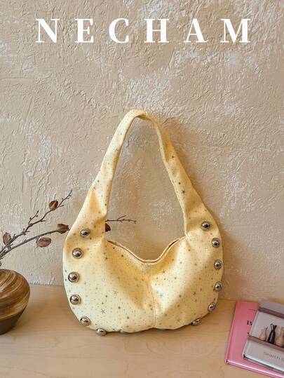 1 pièce Sac à épaule imprimé étoile, sac fourre-tout décontracté à grande capacité avec patchwork de rivets