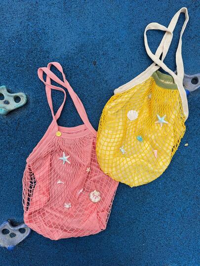 Large Capacity Mesh Tote Bag For Women, Lightweight Versatile Shoulder Bag With Ocean Elements, Hollow Woven Beach Bag For Summer Vacation