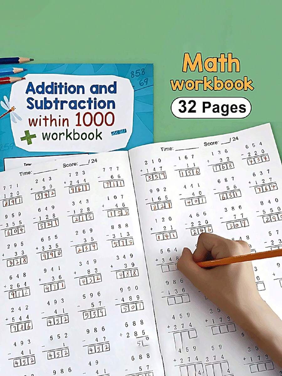 32-Page 1000 Addition & Subtraction Math Learning Workbook, Math Practice Paper, Learning Activity Sheets, Early Math Education, School Learning & Educational Writing Supplies - Multicolor - View 1