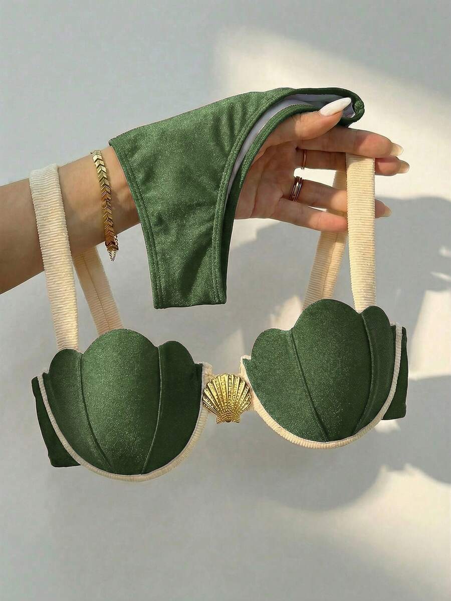 Bikinx Elegant Women's Green High-Waisted Bikini Set, Backless Spaghetti Strap Design, Golden Shell Decor, High Elasticity Swimwear, Suitable For Summer Beach Wear Vacation - Olive Green - View 1