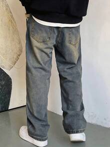 1pc Hearty Haven Men's Plus Size Vintage Loose Flared Wide Leg Washed Casual Comfortable Jeans Pants (No Accessories Belt - Size Guide Included) - Dusty Blue - View 3