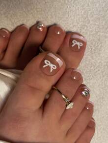 24pcs Press-On Fake Nails For Toes, French Nails, Nude Toes Nails, Bow Decoration Nails,AB Sparkling Rhinestone Decorative Nails,Wearable Nail Art Halffinished Board For Applying Nails, Full Coverage Glossy Daily Fake Nails, Ladies Reusable, Easy To Wear And Remove, With Jelly Glue And Nail File DIY Nail Supplies, Suitable For Party, Dance Party, Etc. - Pink - View 3