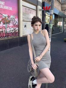 性感无袖露肩紧身吊带迷你连衣裙，风格大胆，浅灰色，春季款 - 淺灰色 - 查看 6