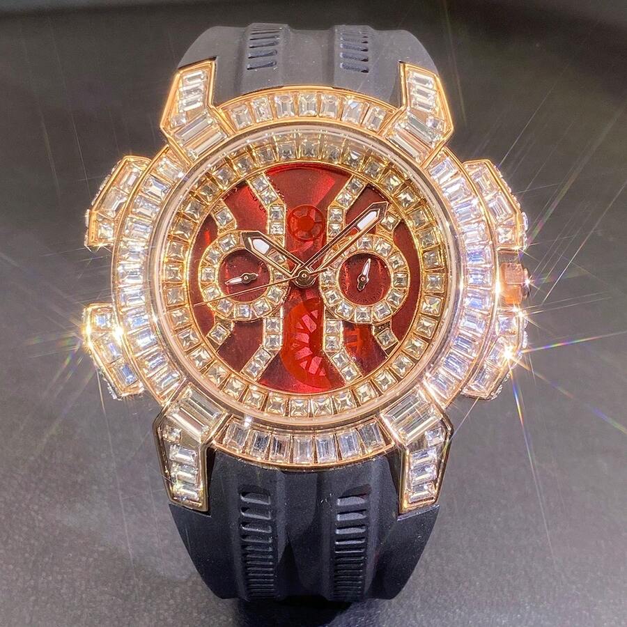 New Men's Special Red Dial Quartz Watch, Luxury Hip Hop Streetwear, Multi-Function Rubber Strap Watch With Synthetic Diamonds, Unisex Wristwatch - Black - View 1