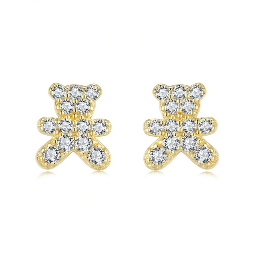 Bông tai hình gấu bông bằng bạc 925 mạ vàng 14K đính đá lấp lánh, đa năng, thích hợp cho đi làm hàng ngày, hẹn hò, sinh nhật/kỷ niệm hoặc làm quà tặng. - Vàng - Xem 1