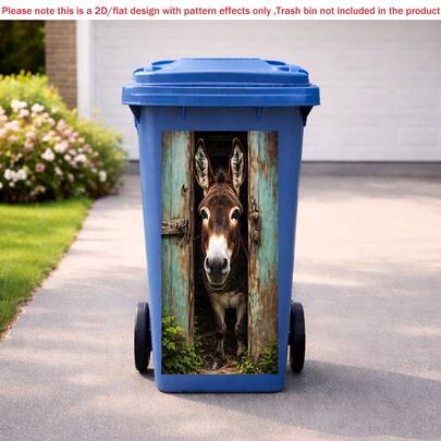 1pc 2D Flat Self-Adhesive Trash Can Sticker,Funny Donkey Door Illusion Trash Bin Sticker, 2D Flat Waterproof Garbage Can Decal, Animal Design Home Decor, Easy To Peel And Stick, Flat Art Sticker, Kitchen Storage