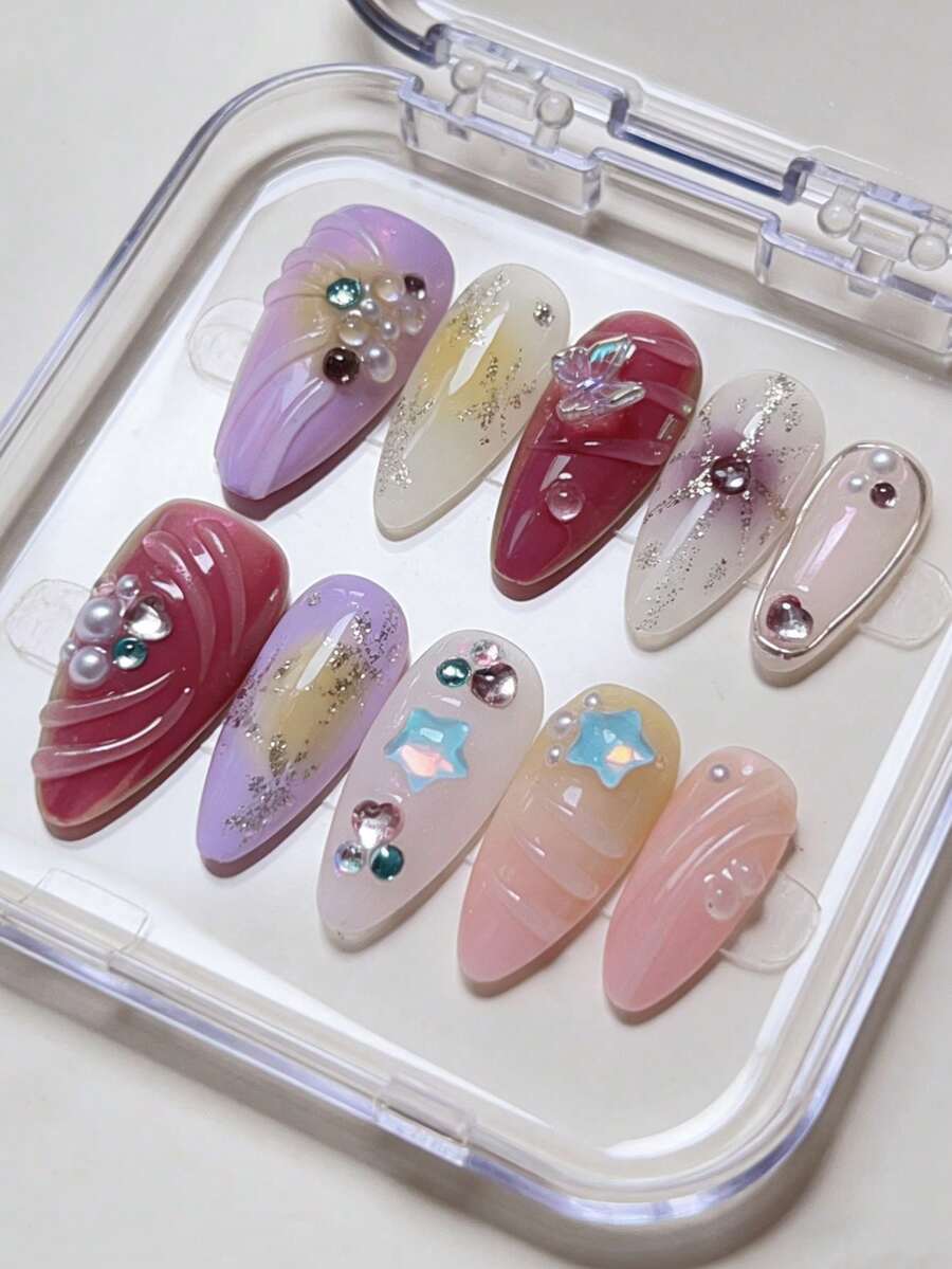 10片杏仁形假指甲，多色新奇假指甲，海底世界，爱心蝴蝶，水钻，星星，迷人多彩贝壳，可拆卸，全覆盖指甲套装，附赠1瓶果冻胶和1条指甲锉，日常佩戴，适合节日派对舞会装饰，送给女性朋友的礼物，情人节礼物，节日礼物，生日礼物，手工按压式美甲用品 - 彩色 - 查看 1