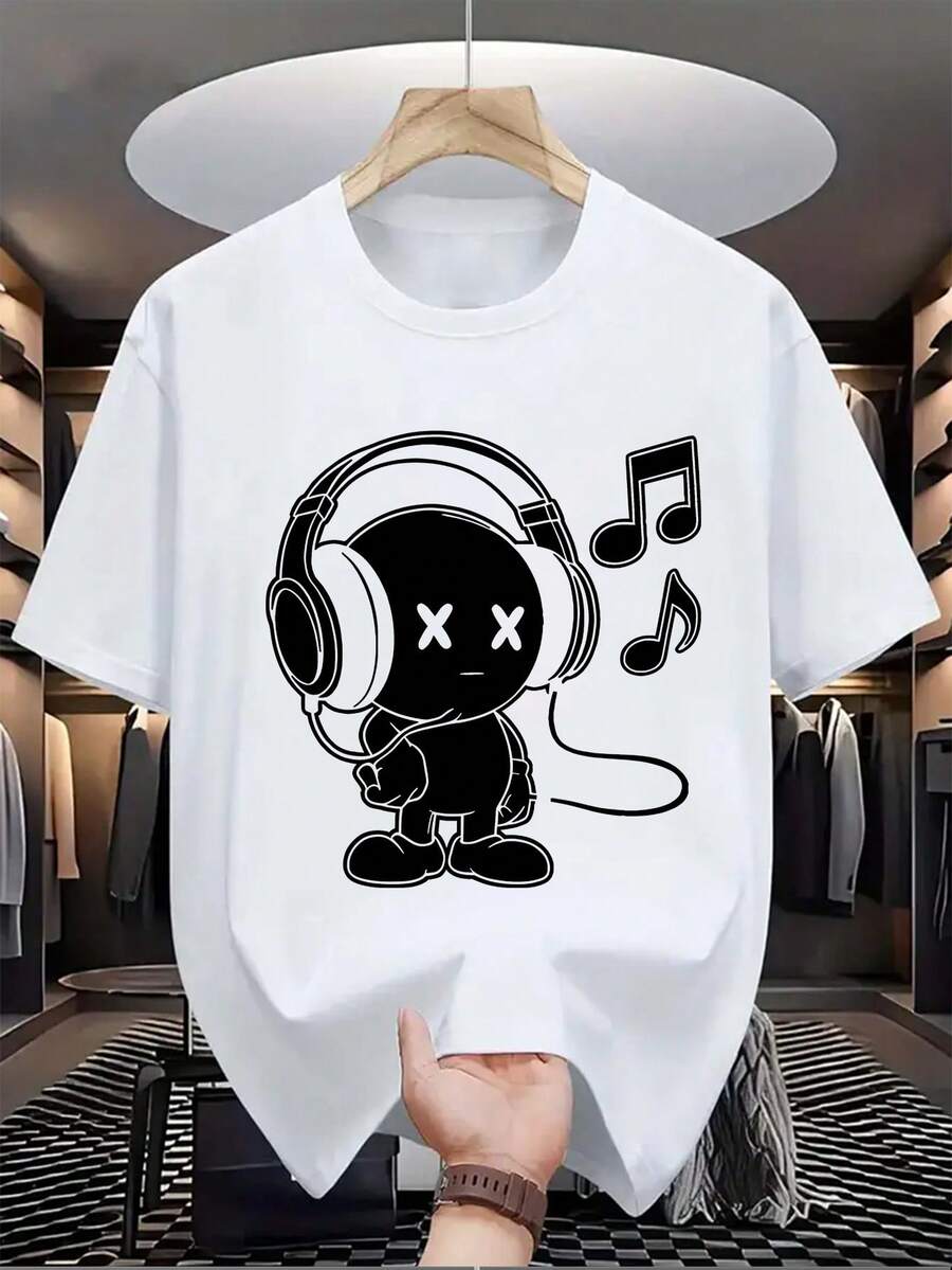 Talla unisex. Camiseta de algodón de talla grande de verano para mujer. Camiseta Gráfica Roja con Diseño de Música para Hombre - Camiseta Casual de Verano con Diseño de Robot y Auriculares, Cuello Redondo, Mangas Cortas, Algodón, Lavable a Máquina. Material absorbente del sudor, suave y agradable para la piel. - Blanco - Ver 1