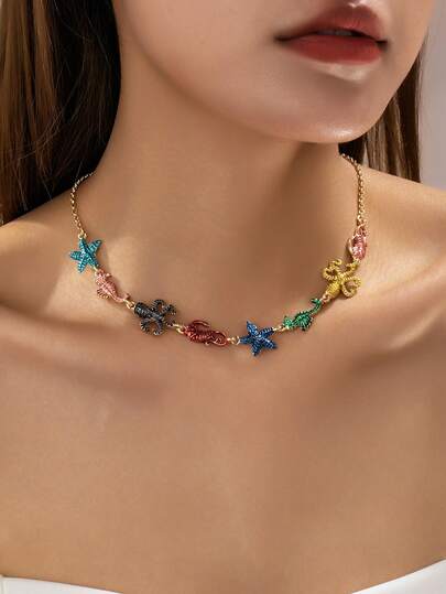 1 件彩色珐琅波西米亚风沙滩项链，女士款，海洋生物海星、海马、龙虾吊坠项链，波西米亚海滩度假风饰品