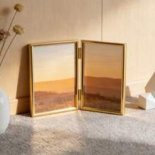 Foldable Dual Gold Metal Vertical Photo Frame, 4"X6", 5"X7", 6"X8", 8"X10" Clear Glass Desktop Display, Home Decor Gift - 1PC - View 7