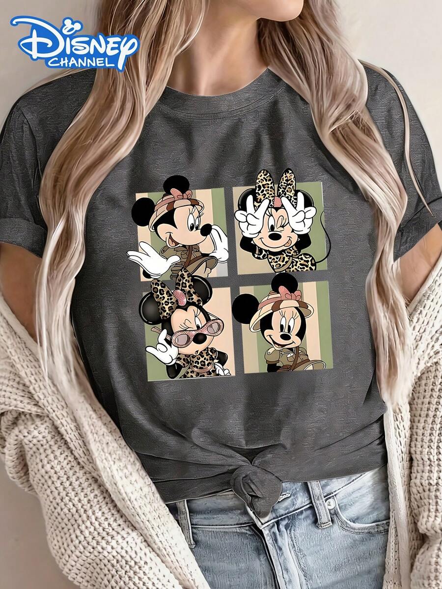 Disney License T Shirts, Disney Minnie Mouse Animal Kingdom Safari 4 Grid Retro Print Casual Crew Neck Short Sleeve Graphic Tee, Women's Loose Fit Cute Minnie Summer Tops, Disney Animal Kingdom Trip Outfit, Minnie Fans Gift, Daily Streetwear, Teen Girls Tee ,Camiseta, Summer Outfits For Women, Summer Clothes, Summer Tops, Tops For Women, Festival Outfits, Summer Tops For Women, Mother's Day, Mother's Day Clothing, Gifts For Family And Friends, Spring Outfits For Women, Officially Licensed Disney T-Shirts, Disney Men's And Women's Spring/Summer Fashion Casual Short-Sleeve T-Shirts - 灰色 - 查看 1