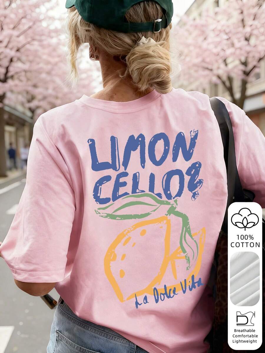 Summer New Lemon Print Short Sleeve Top, Italian "Limoncello" Style Lemon Graphic T-Shirt, Soft & Comfortable Loose Casual Fit Pink Vacation