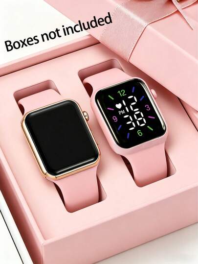Set de 2 relojes electrónicos de moda en color rosa, con correa de silicona y caja de plástico, adecuado para uso diario, actividades al aire libre, fiestas y otras ocasiones, un regalo ideal
