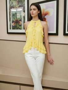 Women's Solid Color Ruffle Neck Layered Sleeveless Top, Summer - Yellow - View 4