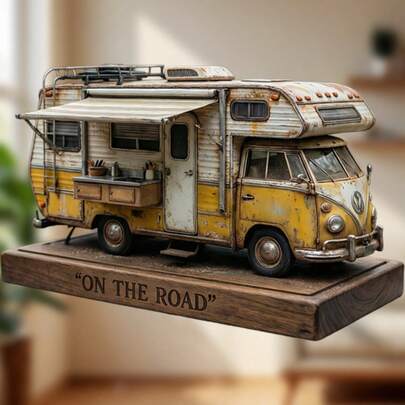 Vintage VW T1 Camper Van Magnet – Yellow & White Patina Finish, Awning & Kitchen Details – "ON THE ROAD" Wooden Base