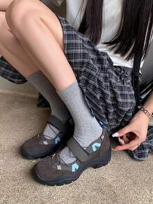 7厘米隐形鞋跟运动玛丽珍鞋，春季新款女士休闲鞋，厚底魔术贴搭扣鞋 - 咖啡棕 - 查看 3