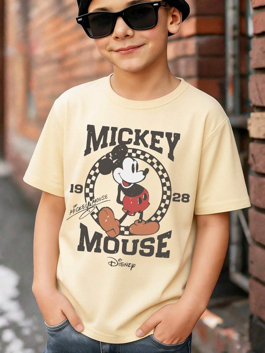 Disney 1928 Mickey Mouse Checkered Print T-Shirt Kids Comfortable Daily Casual Clothes For School Play Express Delivery - Màu be - Xem 1