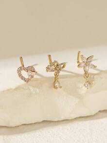 Set 3 buah Anting Hidung Stainless Steel Berkilau Modis dari Paduan Tembaga dengan Hiasan Berlian Imitasi, Bentuk Hati, Salib, Bunga, dan Angka 7, Cocok untuk Pemakaian Sehari-hari Wanita, Hadiah Ulang Tahun, Natal, Hari Valentine - Yellow Gold - View 1