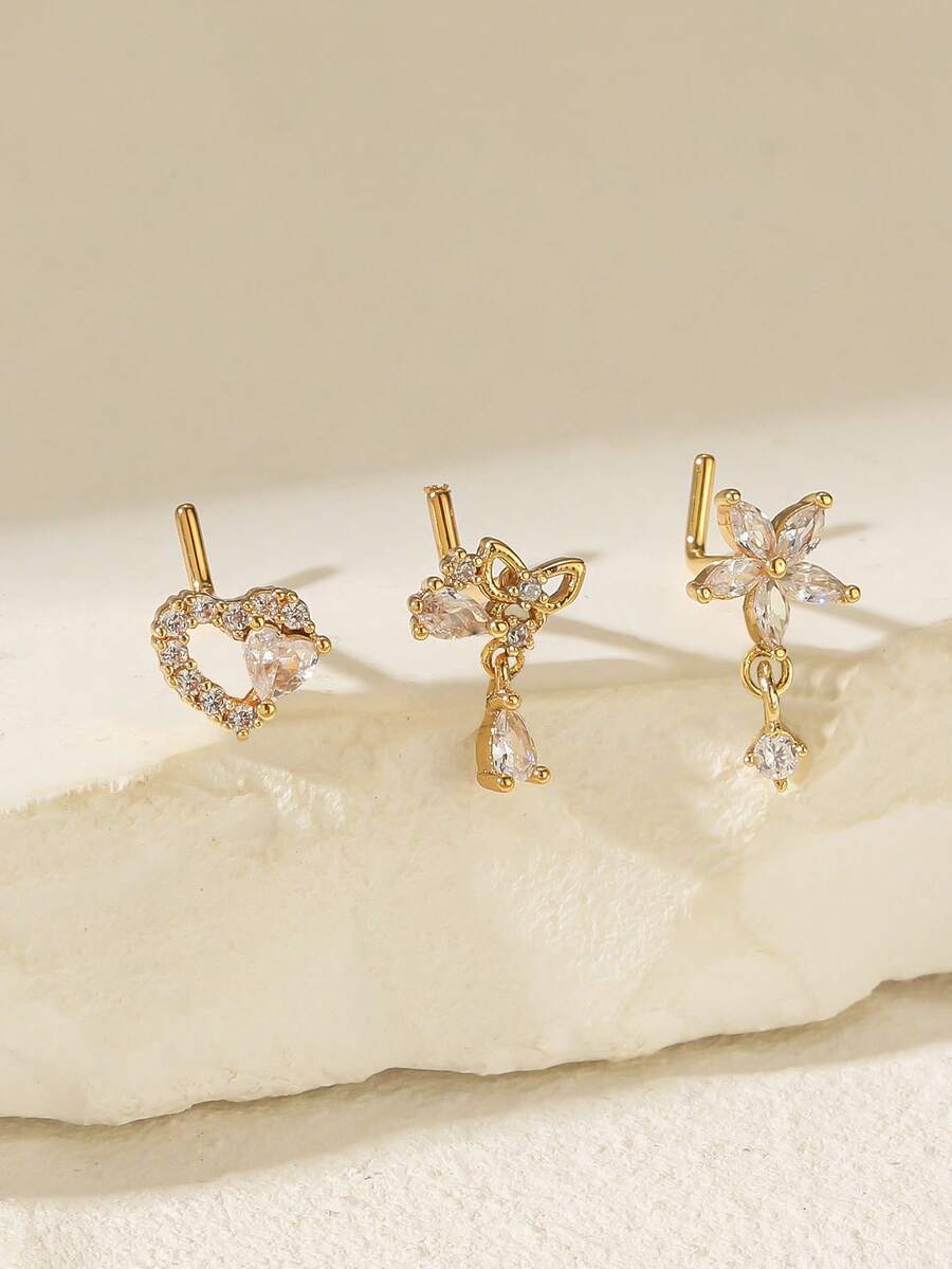 Set 3 buah Anting Hidung Stainless Steel Berkilau Modis dari Paduan Tembaga dengan Hiasan Berlian Imitasi, Bentuk Hati, Salib, Bunga, dan Angka 7, Cocok untuk Pemakaian Sehari-hari Wanita, Hadiah Ulang Tahun, Natal, Hari Valentine - Yellow Gold - View 1