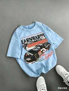 Retro DaleS Earnhardt #3 NASCARS 7 Championships Racing Car Graphic Tee,Casual Print,Comfortable And Versatile,Pure Cotton 220g Washed Printed T-Shirt - 淺藍色 - 查看 11