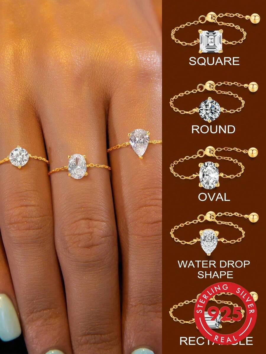 1pc Unique Chain Zirconia Adjustable Thumb Ring, S925 Sterling Silver Exquisite Jewelry Gift For Women - Gold - View 1