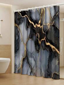 1件灰色和金色大理石纹图案浴帘，现代奢华抽象设计，适用于浴室浴缸，防水面料，带挂钩 - A - 查看 8
