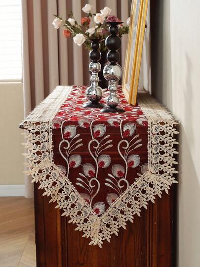 1pc Chiffon Table Runner With Delicate Hollow Lace Patchwork And Colorful Embroidery. Suitable For Kitchen Dining Table, Living Room Coffee Table, TV Cabinet, Cabinet Cover, Table Skirt, Etc. Can Be Used For Home Decor, Holiday Decoration, Party, Wedding, Gifts. Available In Multiple Sizes For All Seasons.