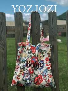 Korean/Japanese Ins-Style Niche Floral Canvas Shoulder Bag, Large Capacity Versatile Commute/Outing/Daily Use Tote Bag For Women/Students - Multicolor - View 1