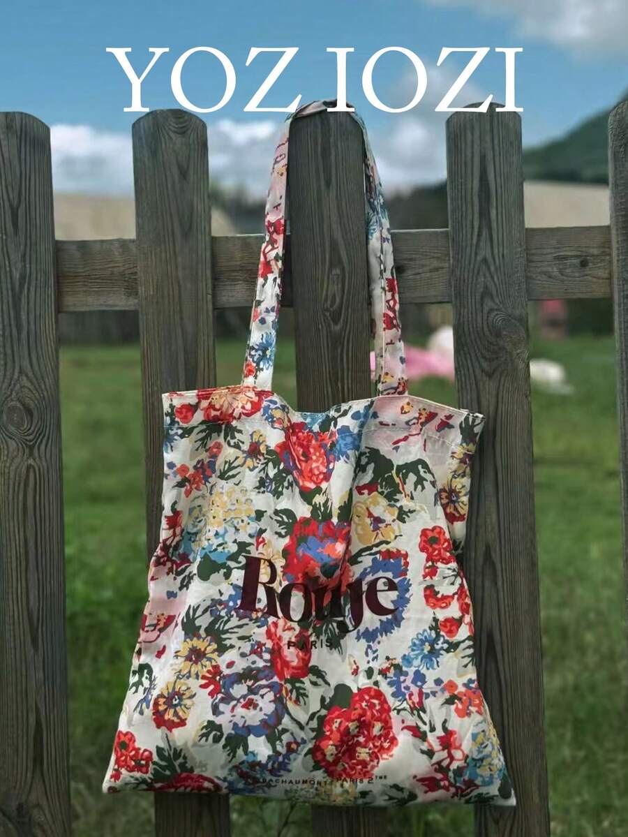 Korean/Japanese Ins-Style Niche Floral Canvas Shoulder Bag, Large Capacity Versatile Commute/Outing/Daily Use Tote Bag For Women/Students - Multicolor - View 1