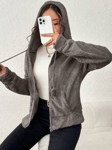 Imported Women's Long-Sleeved Teddy Coat With Zipper And Thick Hood. - Grey - View 3