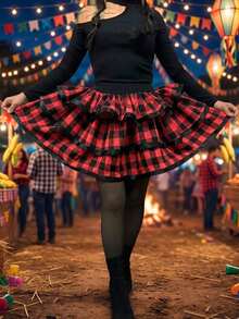 Short Round Skirt Country June Party Square Dance Arraiá São João Adult - 紅/黑格紋裙 - 查看 2