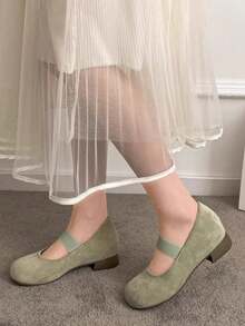 Women's Elastic Round Toe Low Heel Mary Jane Shoes, Solid Mint Green/Beige Minimalist Style, Comfortable Shock-Absorbing Thick Heel Shoes, Suitable For Daily Commute, Spring/Autumn Dating And Party Outfits - Mint Green - View 2