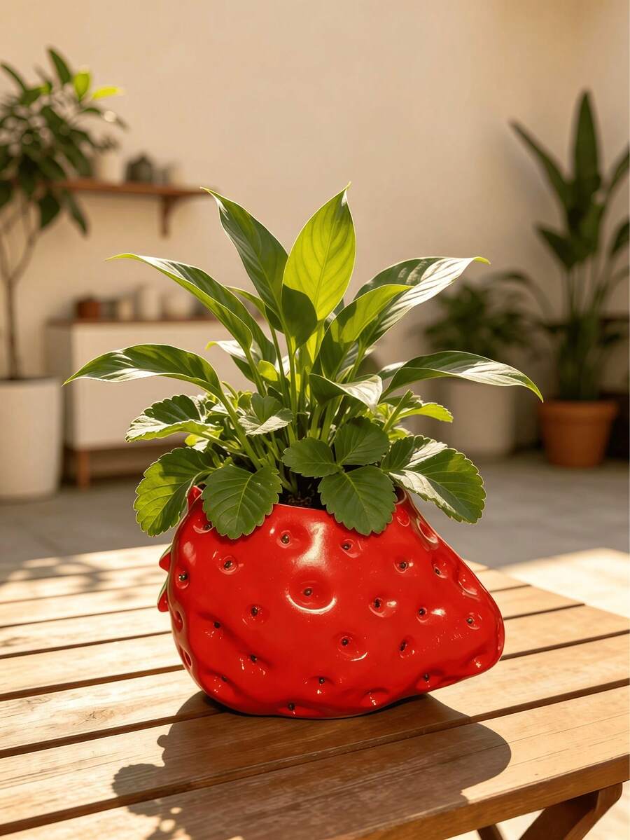Strawberry Flower Pot, Cute Planter With Pink/White/Orange/Red Daisies, Home Decor For Living Room, Bedroom, Office, Mini Indoor Plant Vase, Novelty Gift For Garden Lovers - A - View 1