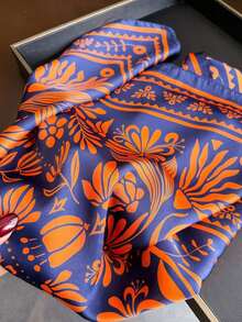 1pc Women's Elegant Retro Printed Lightweight Satin Square Faux Silk Scarf, Bohemian Style Casual Ladies Neck Scarf, Shawl, Thin & Comfortable Women's Headscarf, Suitable For Spring/Summer Daily Wear And Outings - 水鴨藍 - 查看 4