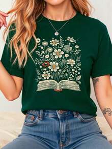 Camiseta de manga corta con estampado floral versátil Howell, camiseta casual con encantador estampado de flores de cuello redondo para mujer, top de verano para dama-Vintage Street Style Unisex Loose Cotton Short Sleeve Crew Neck T-Shirt - Verde Oscuro - Ver 6