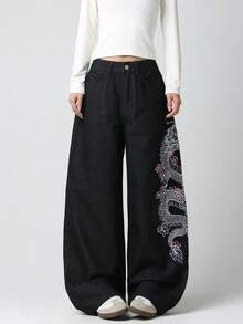 1pc American Street Style Women's Embroidered Loose Wide Leg Jeans Fashion All Season Long Pants Casual Black Fall - Black - View 3