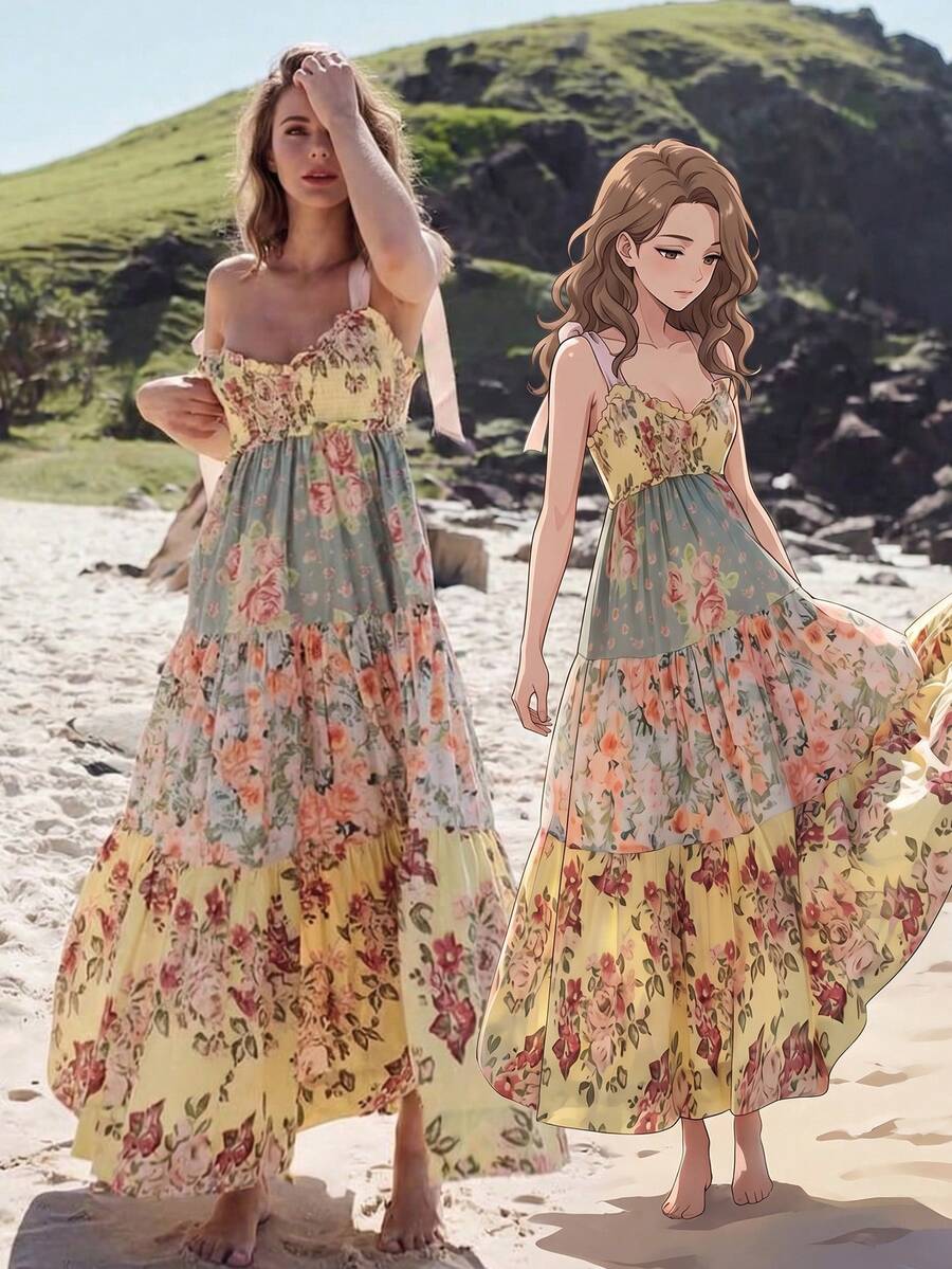 Women's Spring/Summer Bohemian Elegant Ditsy Floral Contrast Color Spaghetti Strap Backless Bow Tie Strap Maxi Dress, Fashion Boho Style High Waist Slimming Chiffon Floral Flowing Maxi Dress - Yellow - View 1