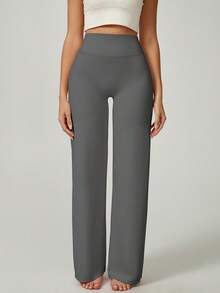 NcmRyu 1pc Women Solid Color Relaxed Fit High Waist Wide Leg Sports Pants - Grey - View 7
