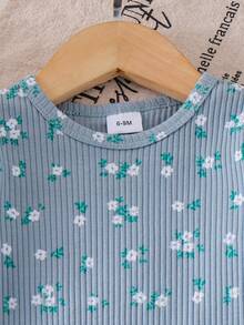 2件套女婴优雅可爱碎花圆领上衣和裤子套装 - 薄荷藍 - 查看 4