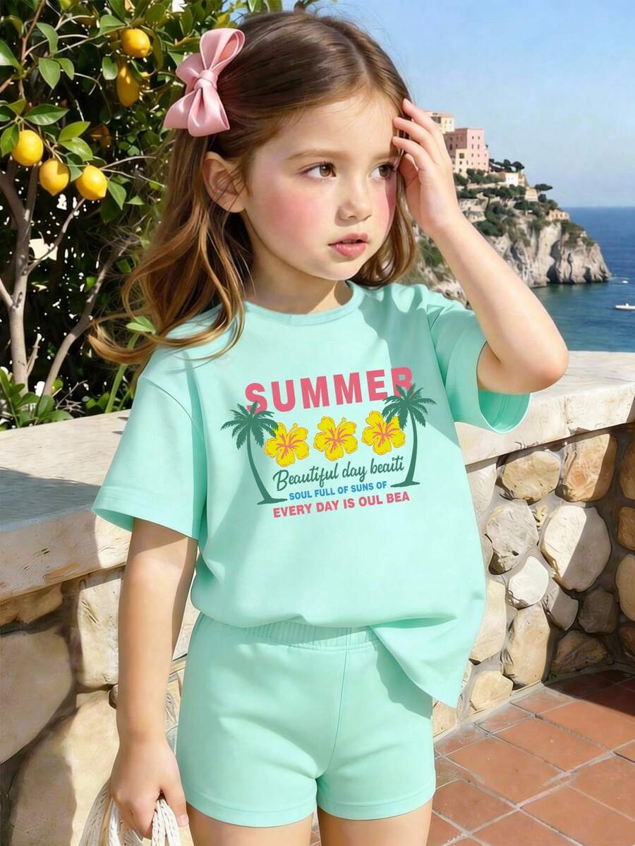 2pcs/Set Young Girl's Casual Cartoon Print Short Sleeve T-Shirt And Minimalist Print Shorts Set, Suitable For Summer Outings - Green - View 1