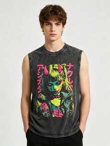 Men's Y2K Acid Wash Distressed Sleeveless Vest - Japanese Anime Demon Girl Graphic With Red Horns, Pink Kanji & 2017 Date Stamp, Super Soft & Breathable Gothic Streetwear Gift Independence Day Father's DayVS003-A - 黑色 - 查看 4