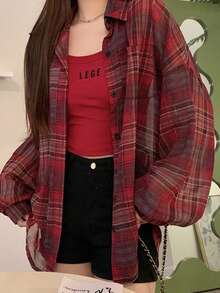 Áo sơ mi nữ kẻ caro tay dài, vai rớt, cài một hàng khuy, dáng rộng, họa tiết ngẫu nhiên, thích hợp cho mùa hè. - Đỏ - Xem 1