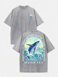 2026 (230g T-Shirt)Men's Loose Washed Cotton "When You Go Through Deep Waters" Turtle Graphic T-Shirt, Comfortable Christian Faith Tee With Bible Vers - Grey 4 - View 1